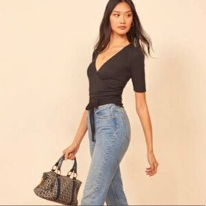Reformation Rosebud Ribbed Wrap Top in Black Size small